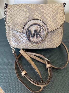 Michael Kors Fulton Python Snake Embossed Crossbody Bag Leather Silver MK Logo
